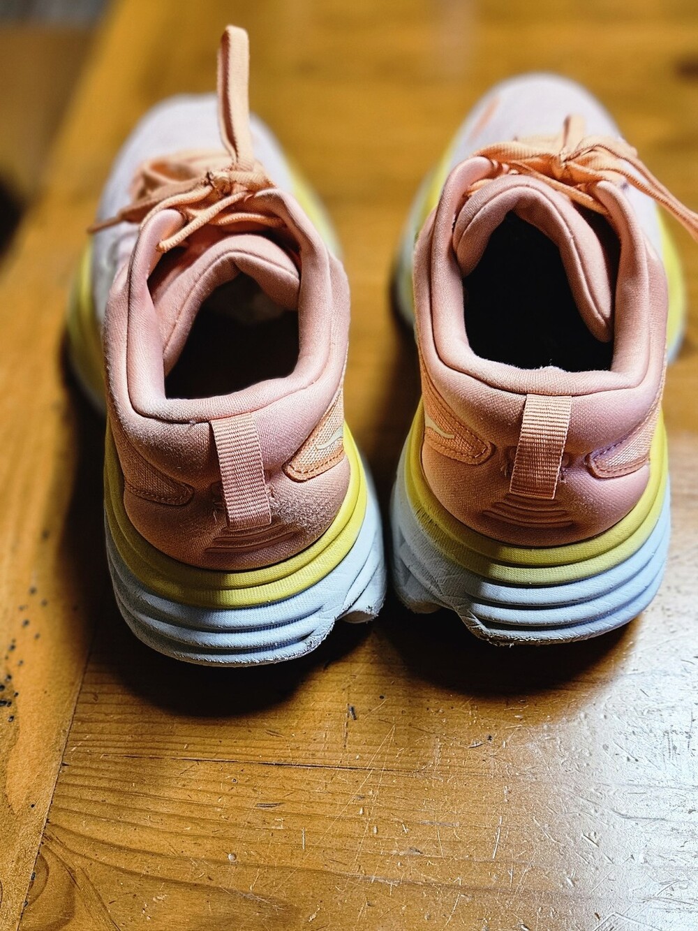 Hoka Womens Pink Peach Running Shoes with Yellow Accent - Picture 3 of 7